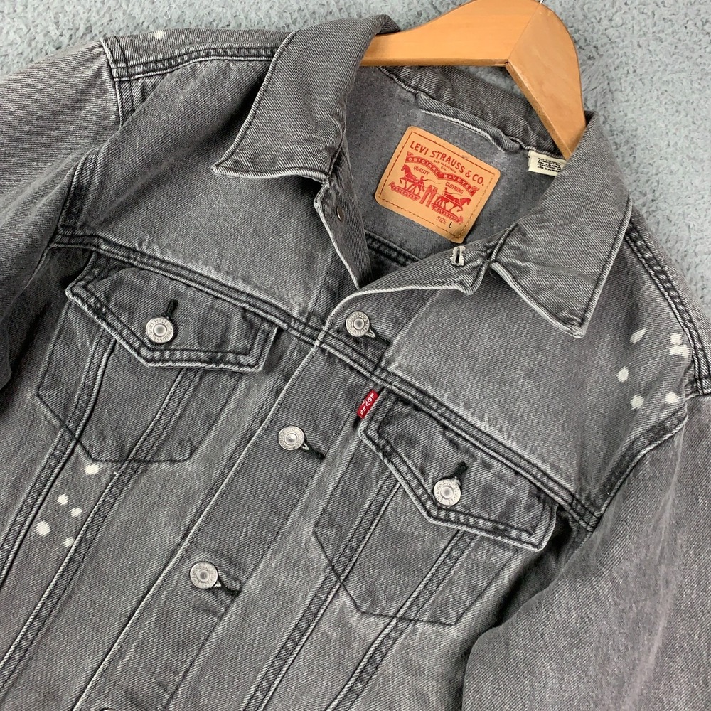 Levi's Trucker Jacket Women's Large Gray Paint Splatter Button Front Denim Boxy